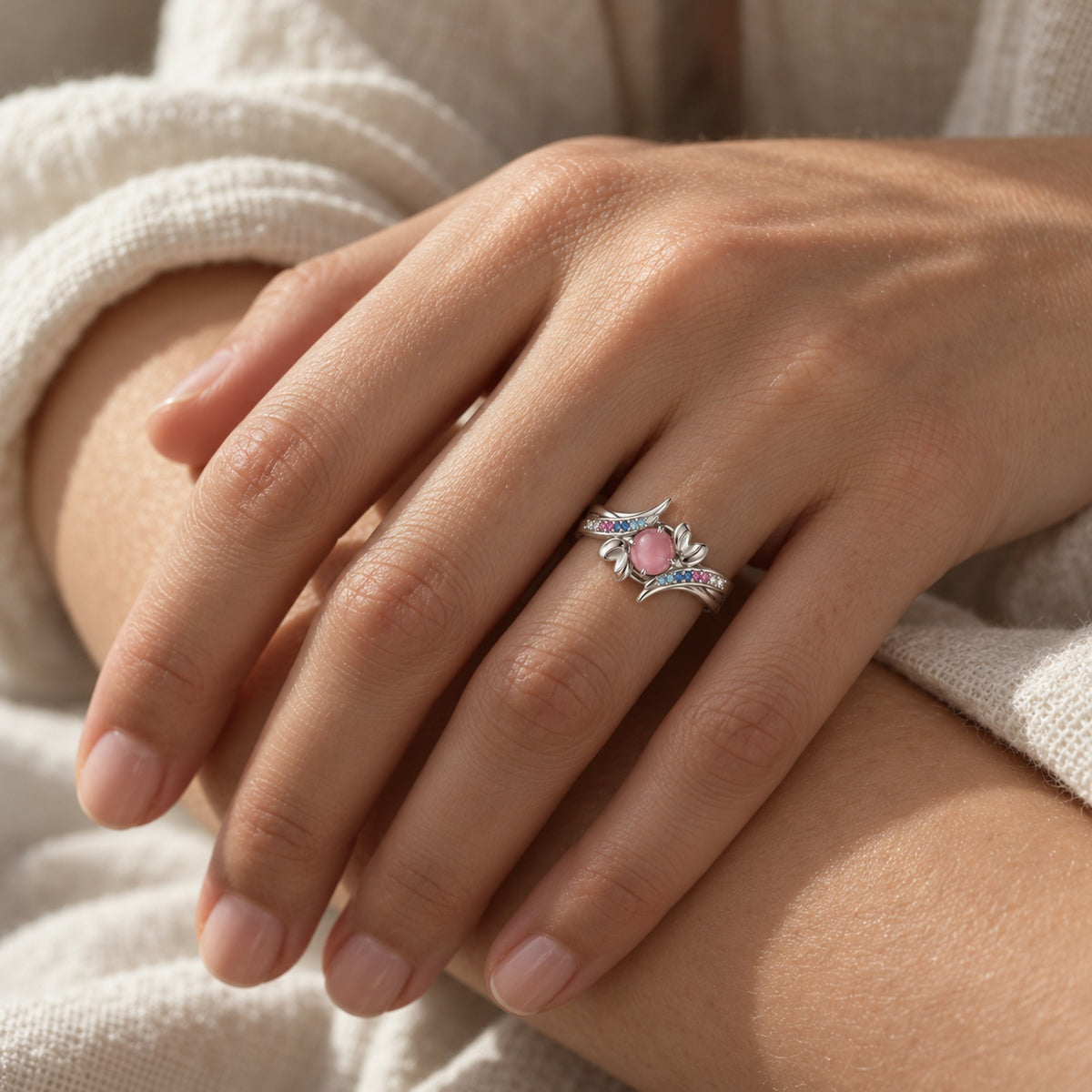 Ribbon Path Ring in silver, worn