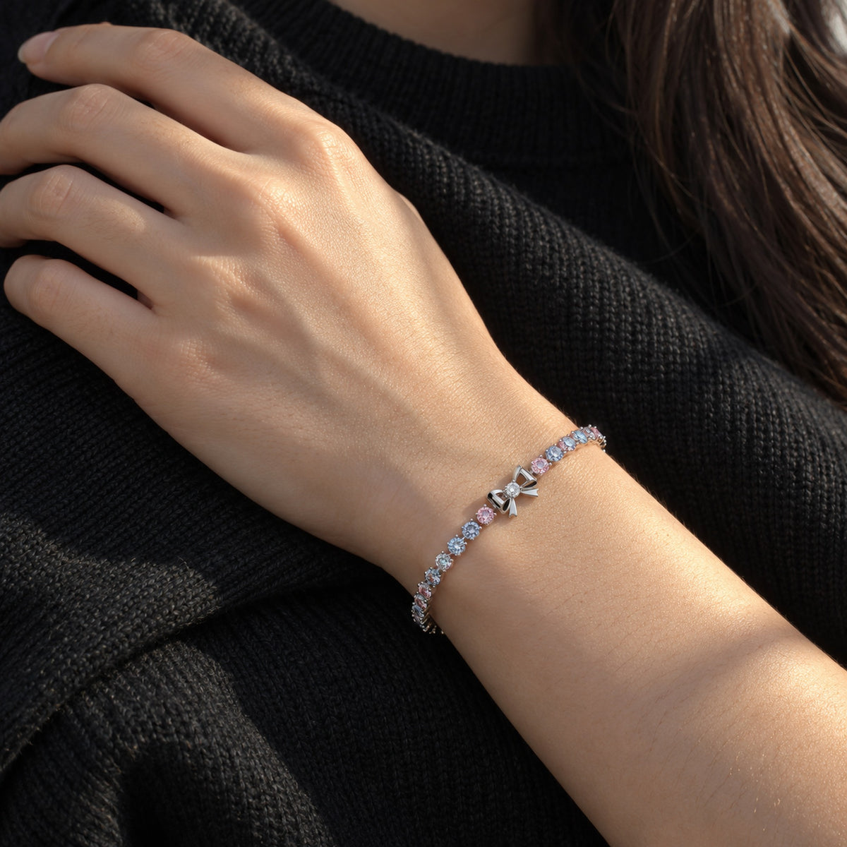 Ribbon Path Bracelet in silver, worn
