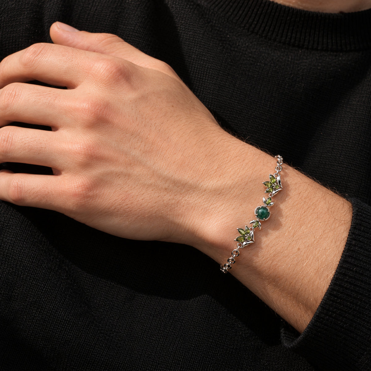 Seed Bloom Bracelet in silver, worn by a man