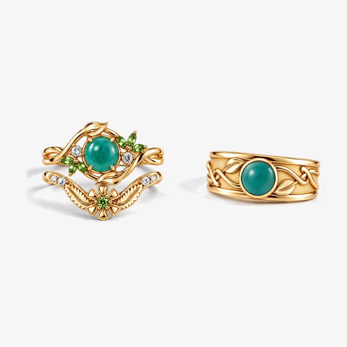 Seed Bloom Couple Ring Set in gold, the women's stacking pair and the men's vine band