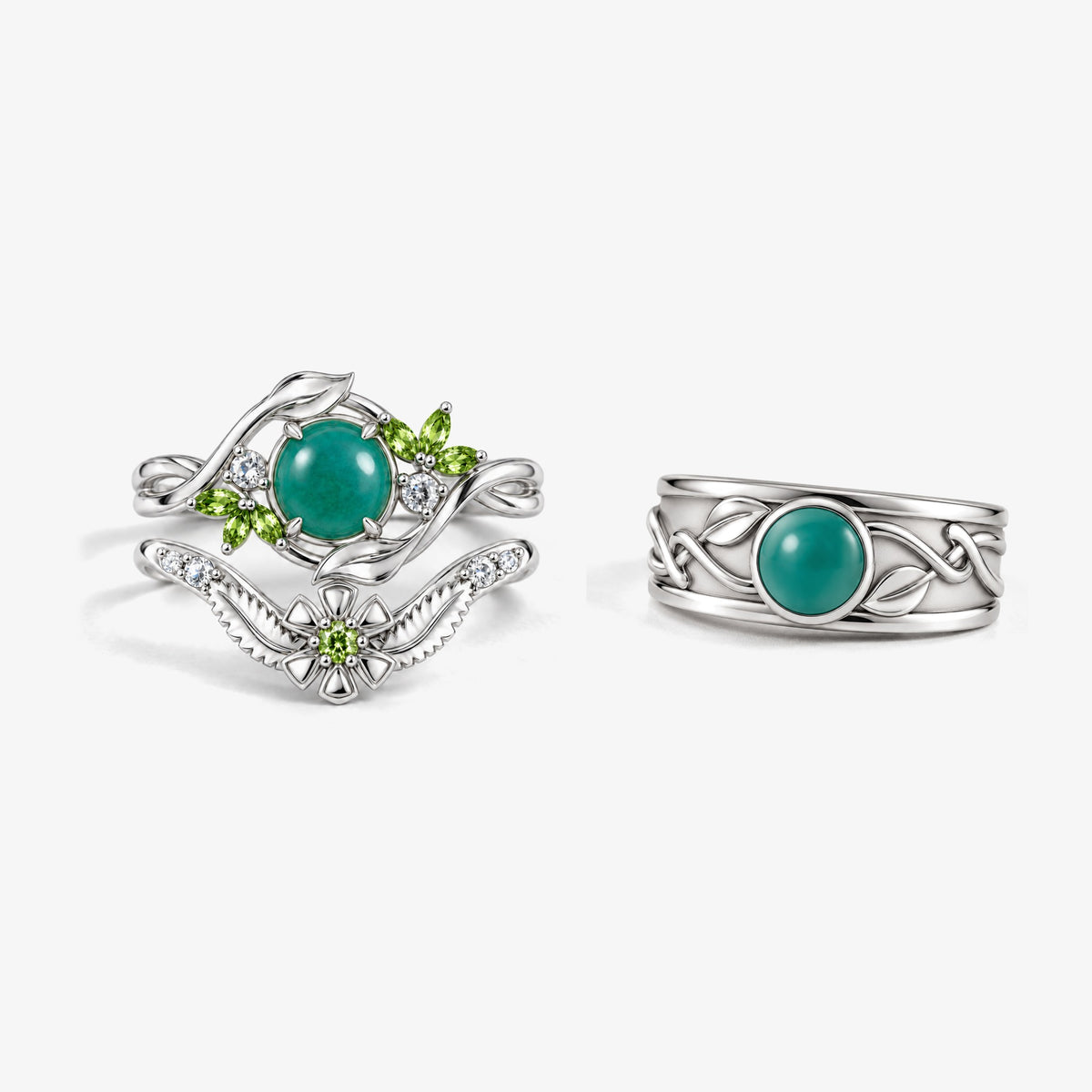 Seed Bloom Couple Ring Set in silver, the women's stacking pair and the men's vine band