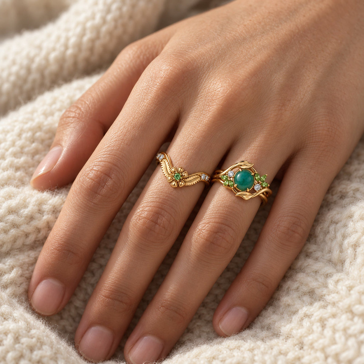 Seed Bloom women's stacking pair in gold, worn on two fingers