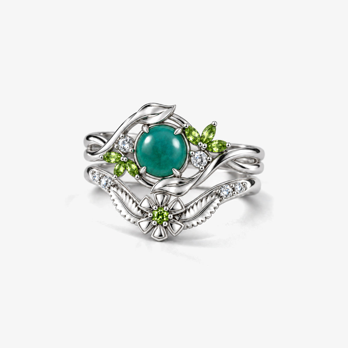 Seed Bloom Ring Set in silver, angled view
