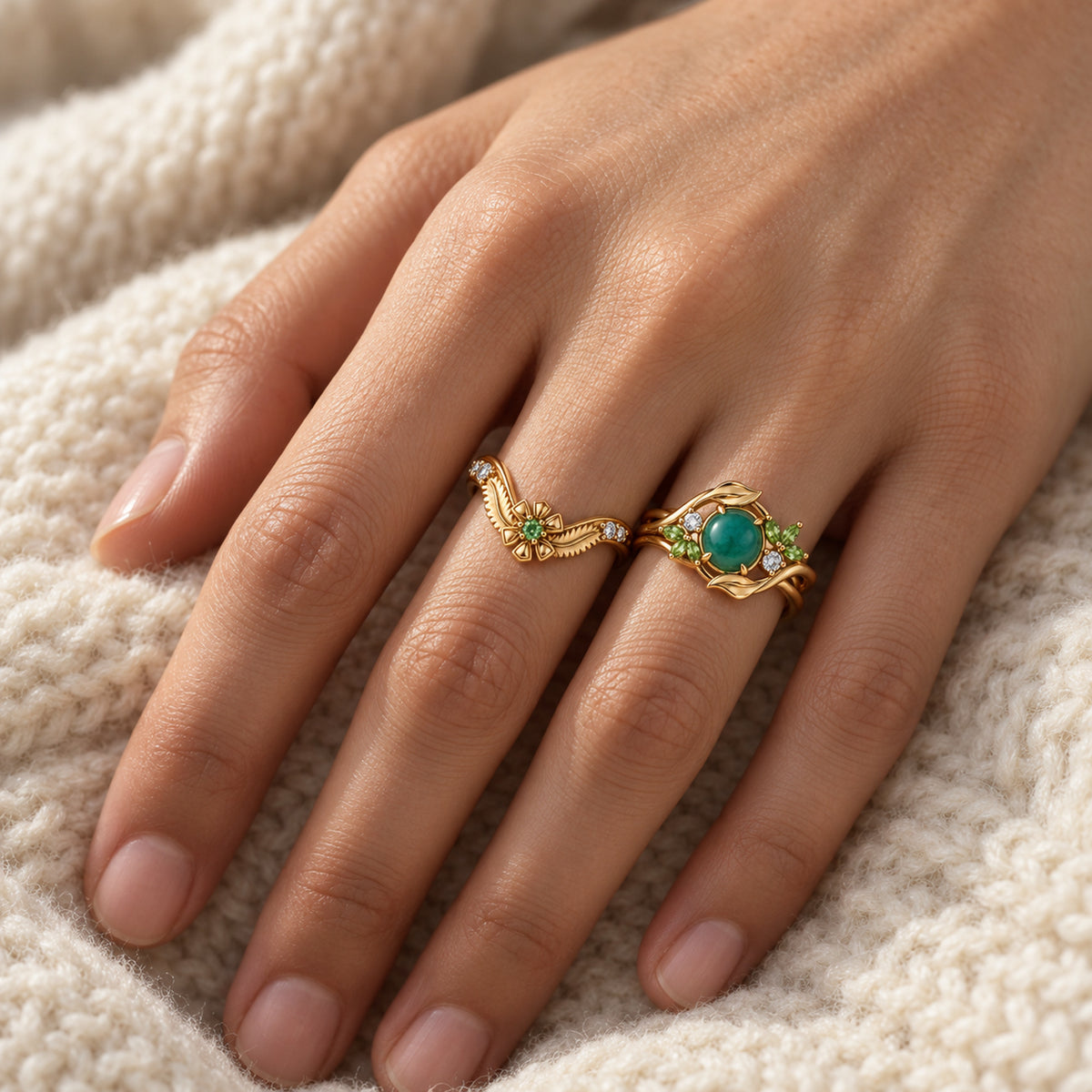Seed Bloom Ring Set in gold, worn on two fingers