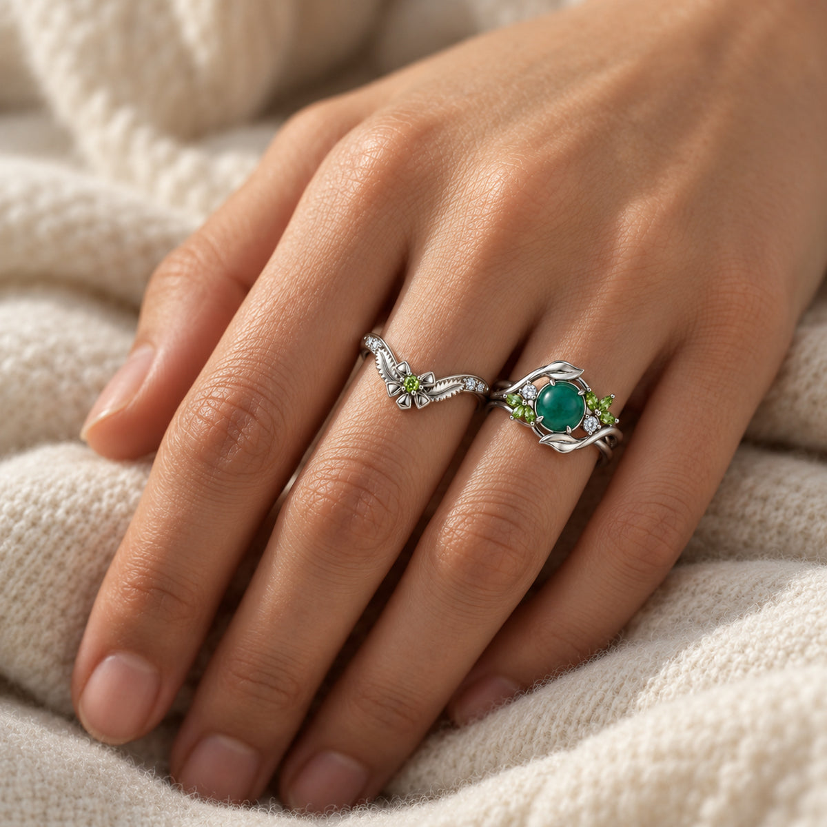 Seed Bloom Ring Set in silver, worn on two fingers