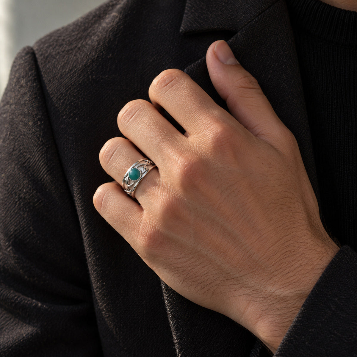 Seed Bloom Wide Band in silver, worn by a man