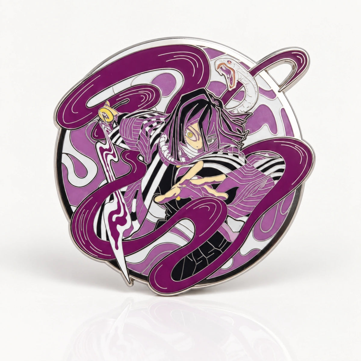 Serpent Hashira Glow in the Dark Enamel Pin by Kraymer Art, front view on white
