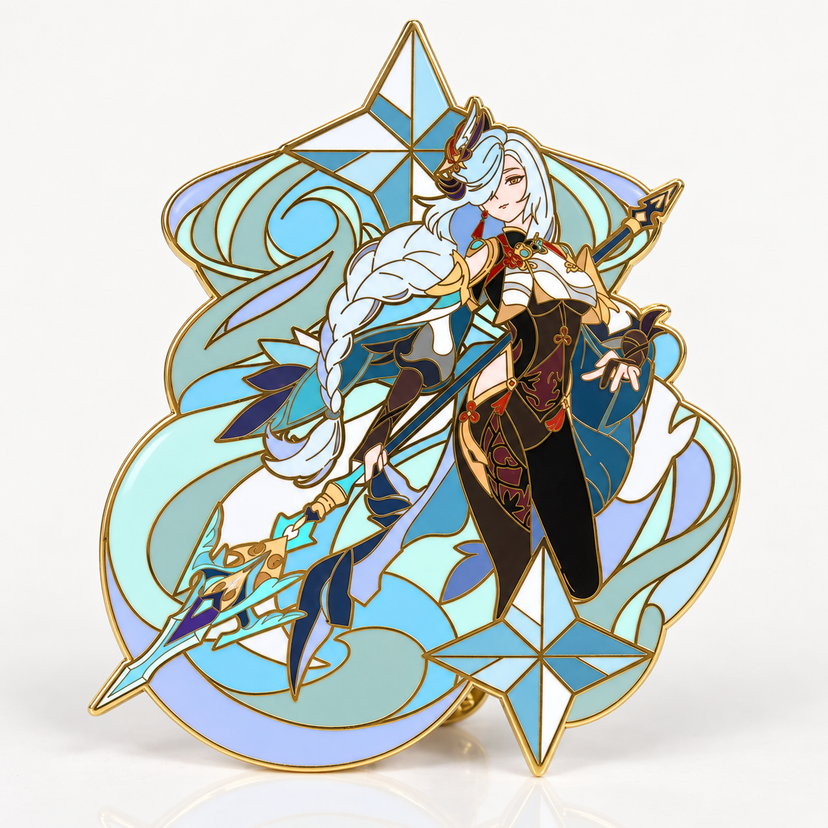 Shenhe Glow in the Dark Enamel Pin by Kraymer Art, front view on white