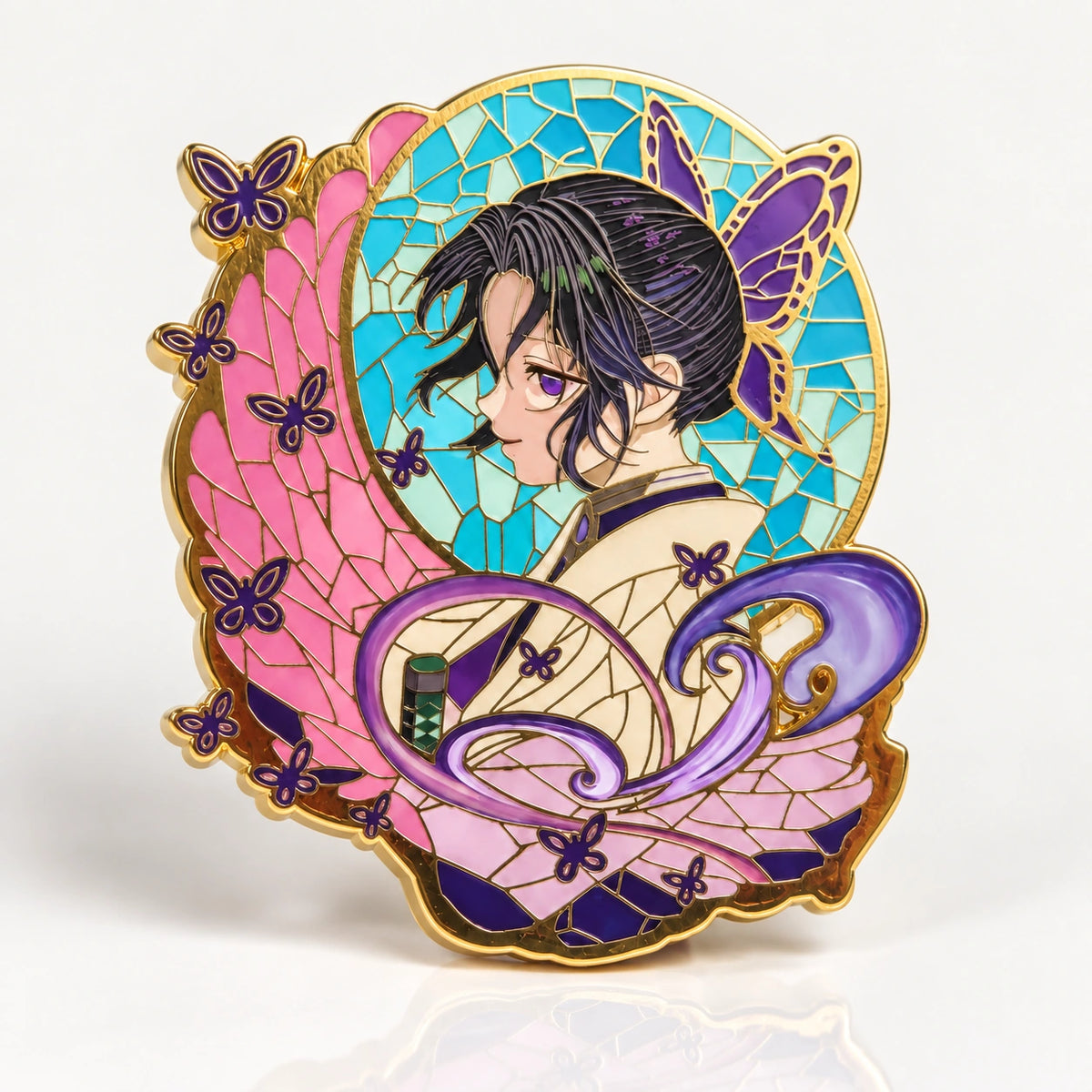 Butterfly Hashira Glow in the Dark Enamel Pin by Kraymer Art, front view on white