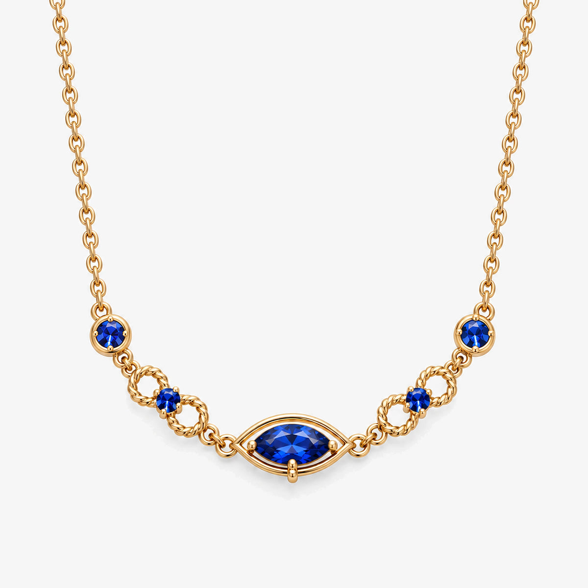 Six Eyes Infinity Necklace in gold, front view with the blue marquise eye between two infinity loops