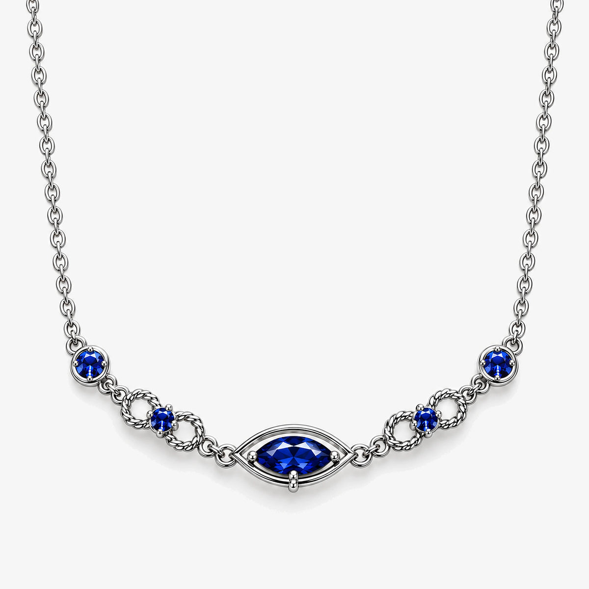 Six Eyes Infinity Necklace in silver, front view with the blue marquise eye between two infinity loops