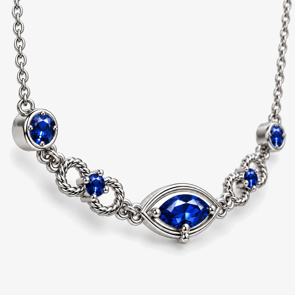 Six Eyes Infinity Necklace in silver, three-quarter view
