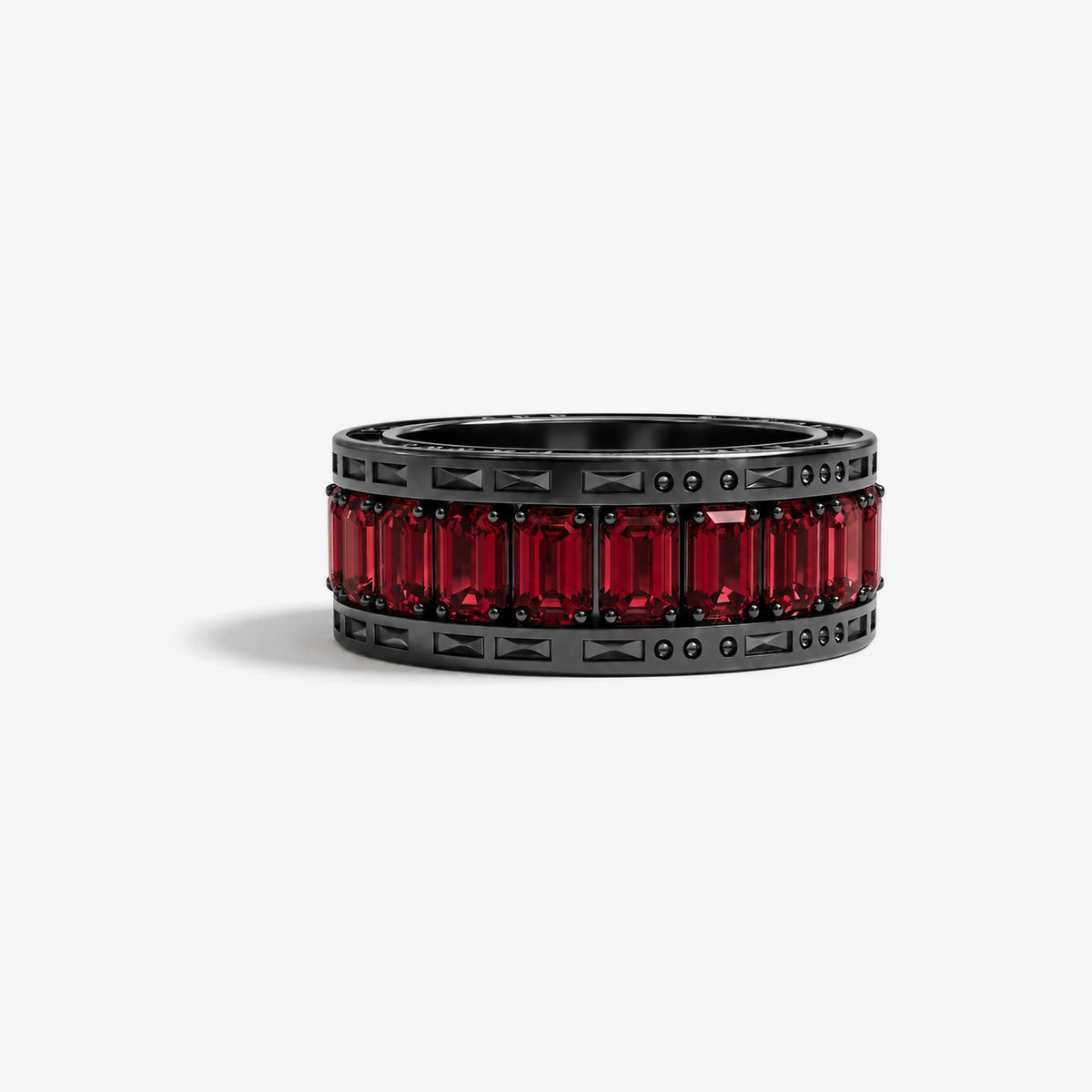 Malevolent Stand Proud Ring in Royal Black with a row of deep red stones, front view