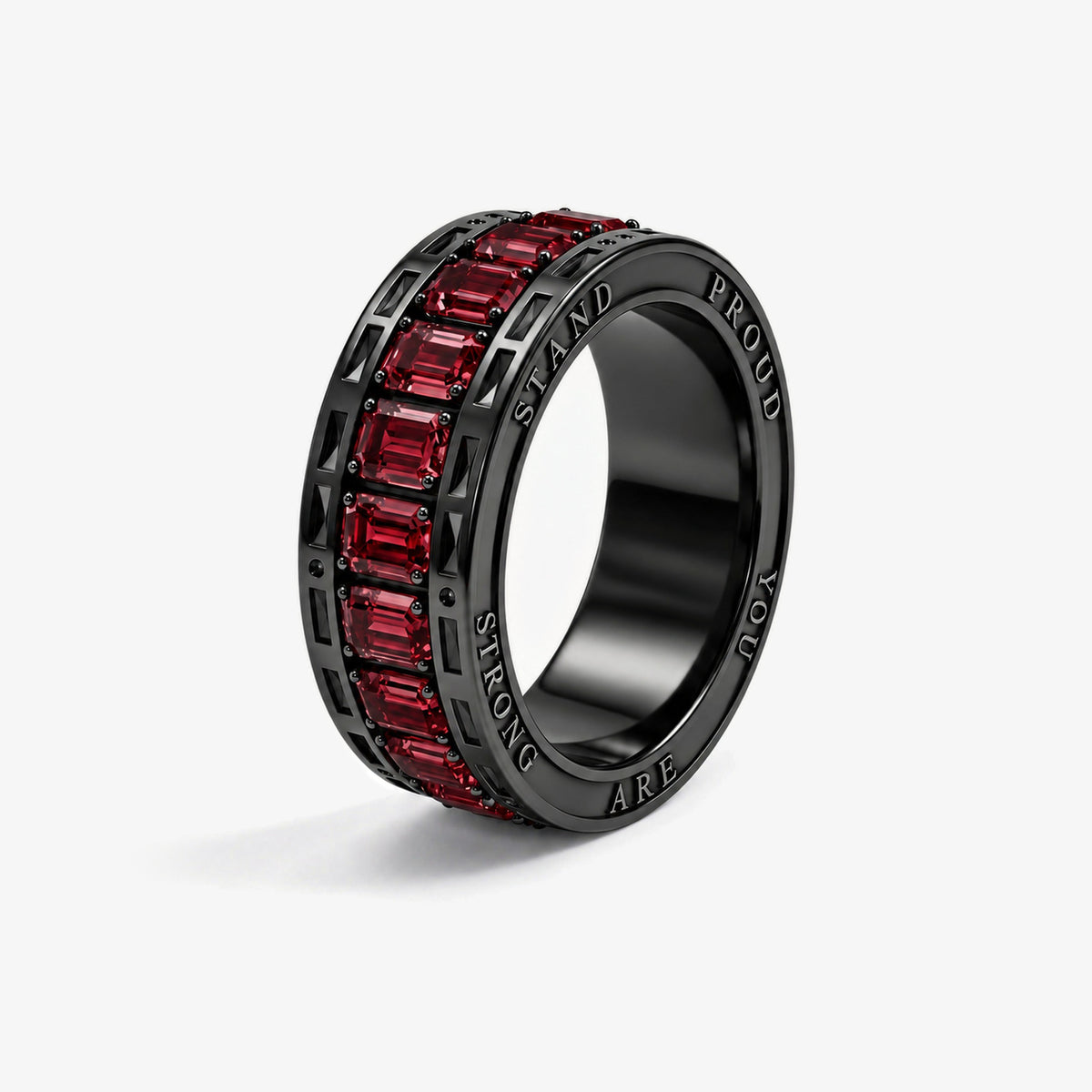 Malevolent Stand Proud Ring in Royal Black standing on its edge, STAND PROUD YOU ARE STRONG engraved around the rim