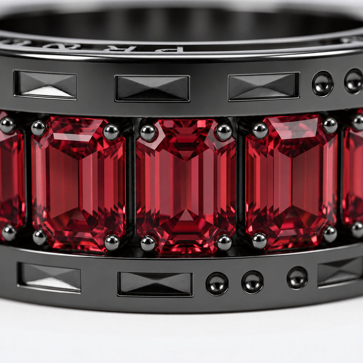 Close view of the emerald-cut deep red stones and Royal Black rails
