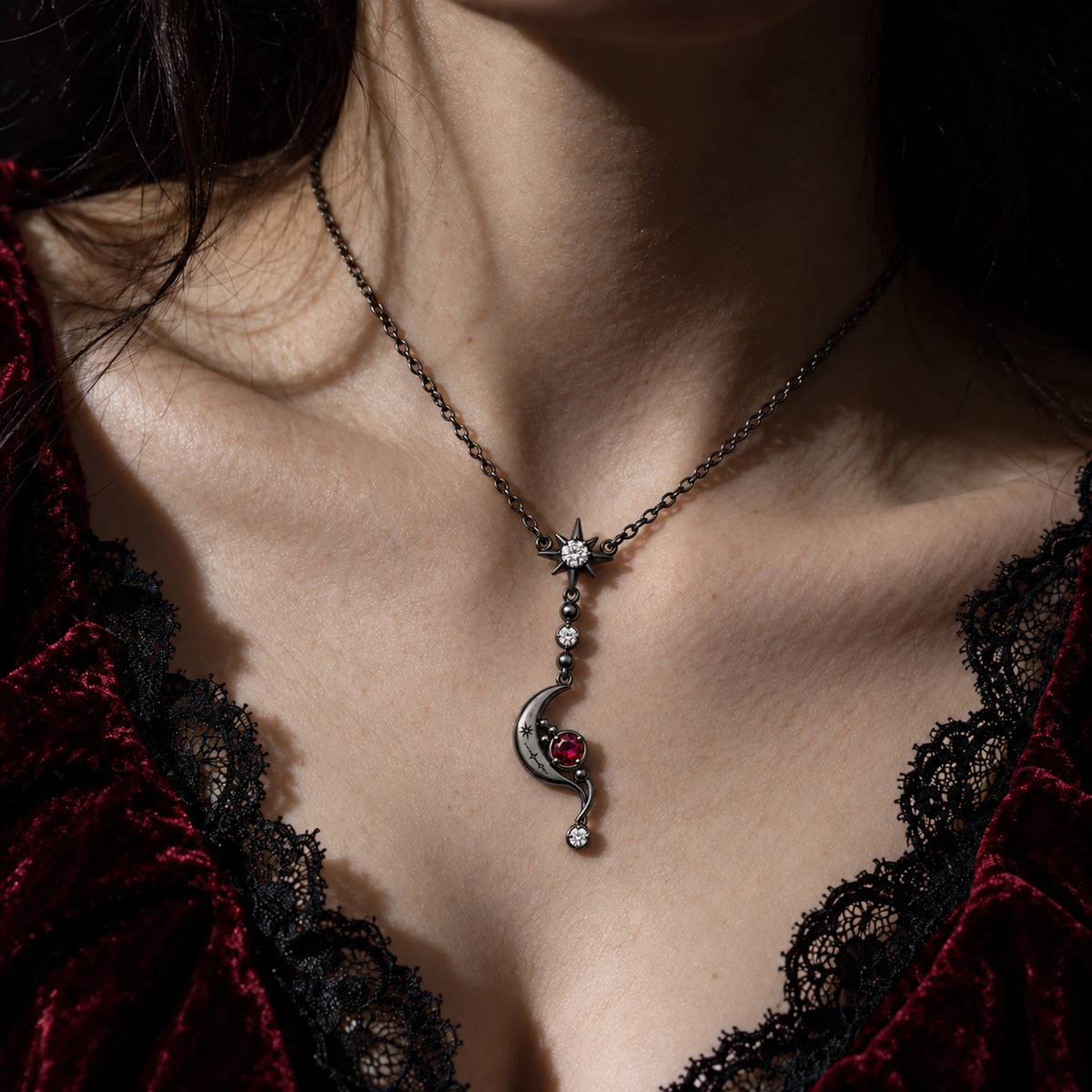 Eclipse Waltz Necklace in Royal Black, worn