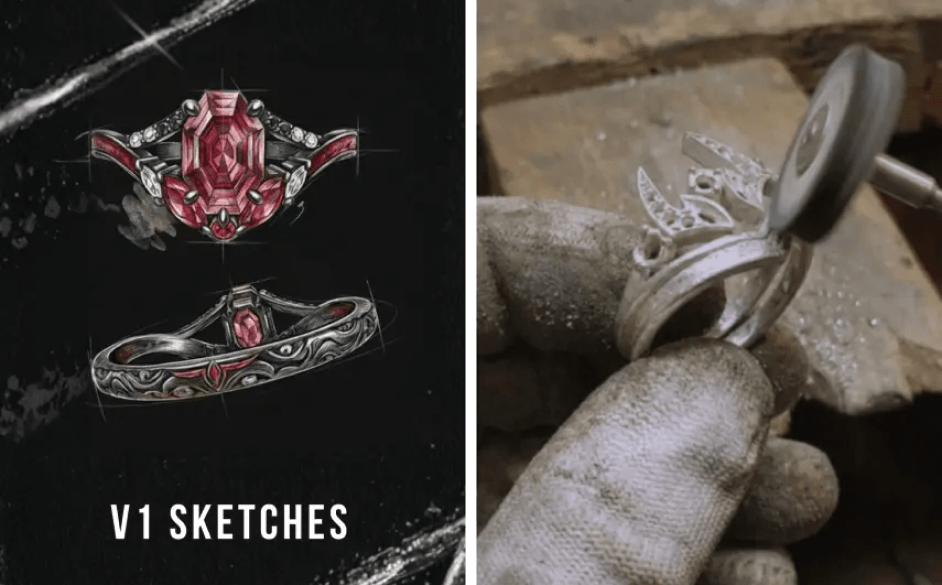 Kraymer jewelry shown as an original sketch and being made by hand