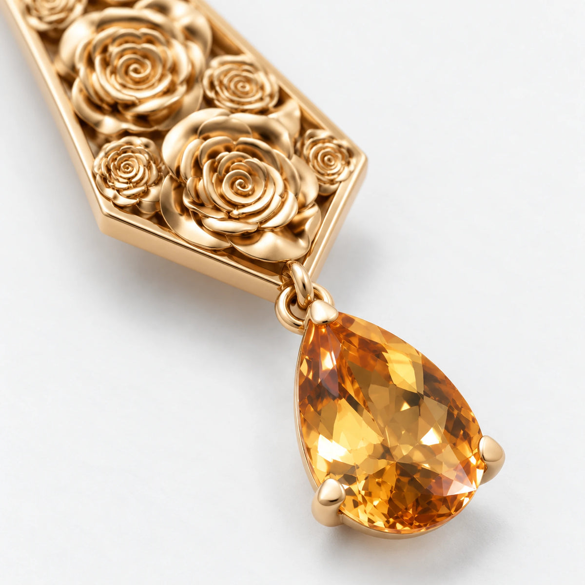 Straw Doll Earrings in gold, close-up of the rose cluster