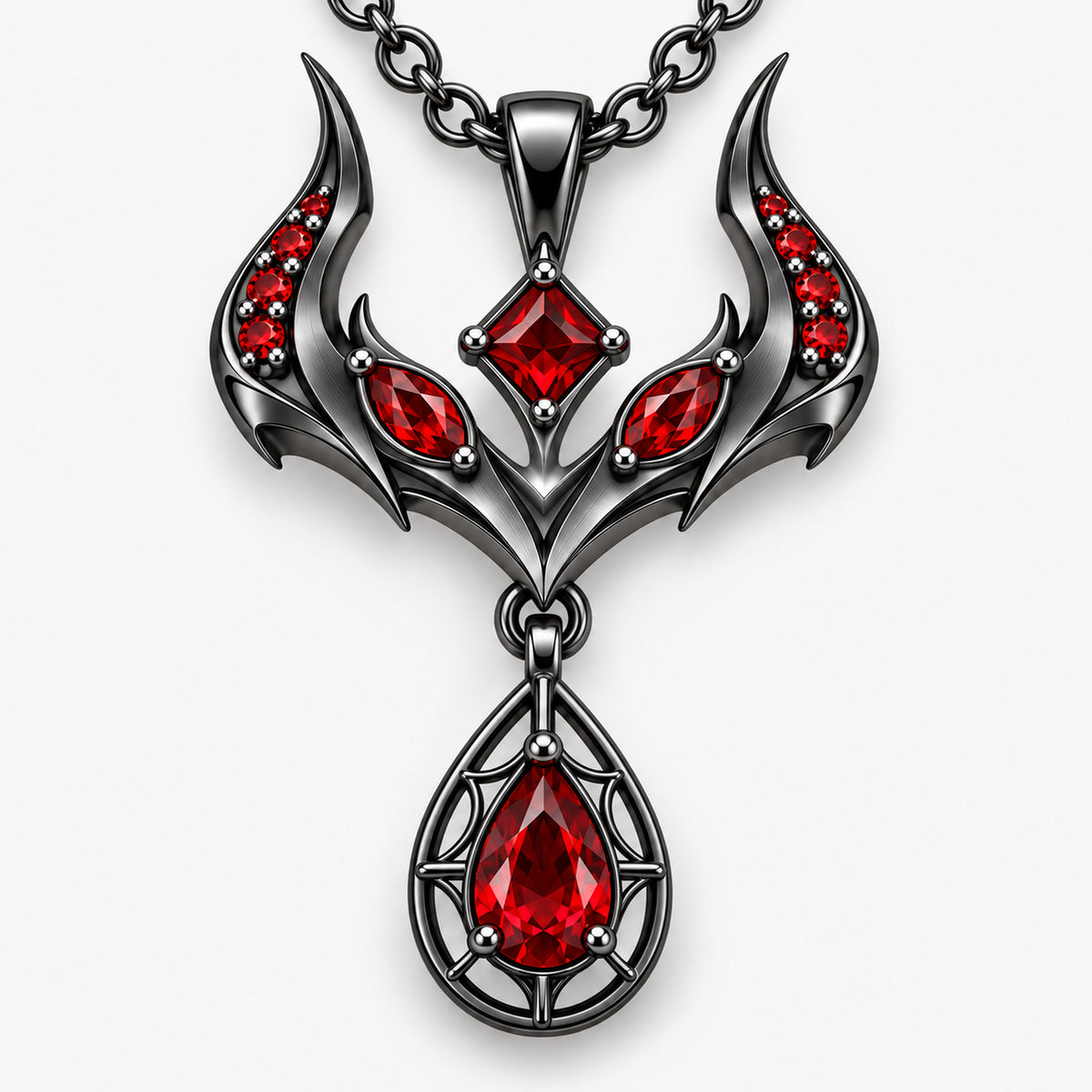 Malevolent Necklace in black color, close-up of the twelve red stones, center bridge and open cobweb frame