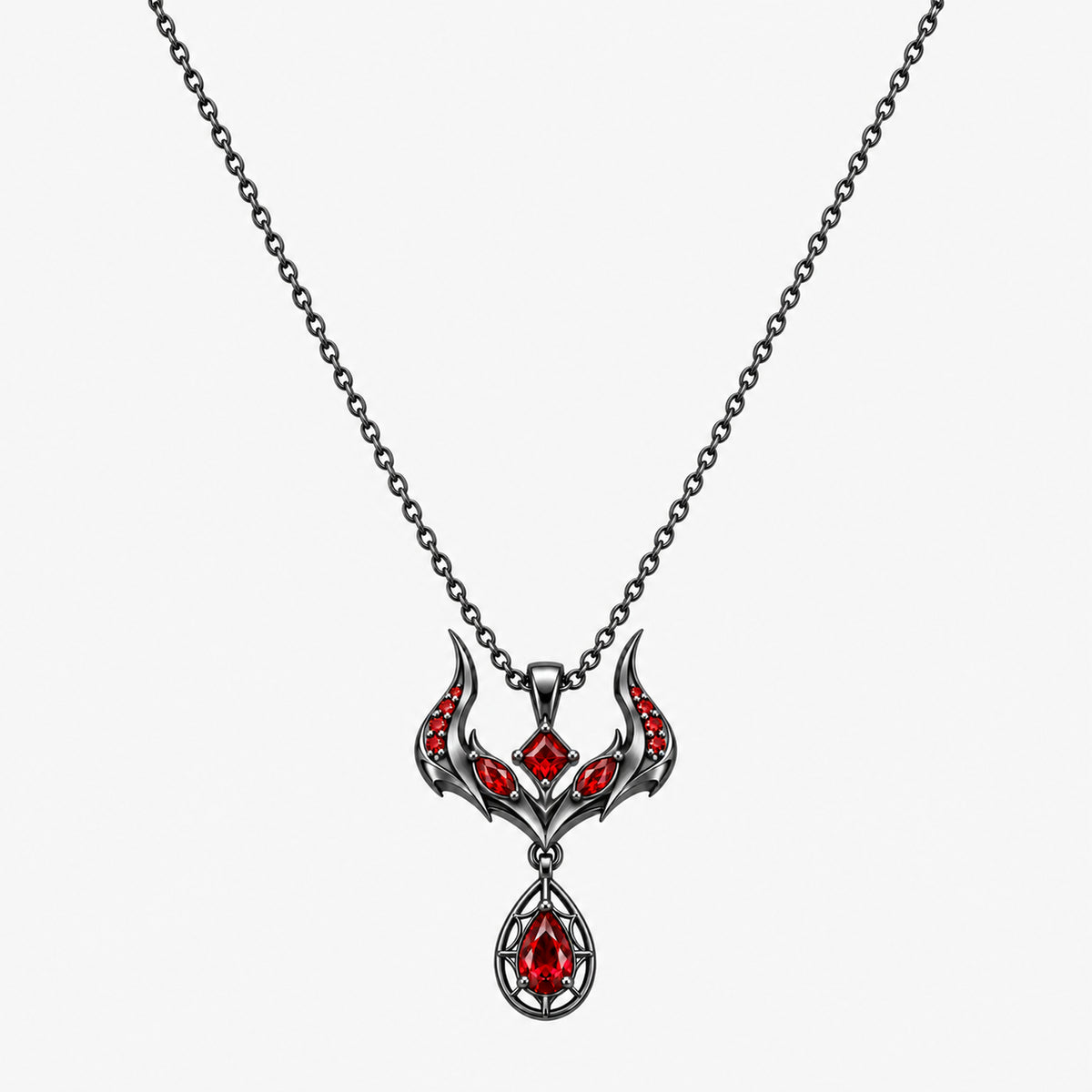Malevolent Necklace in black color, front view with horned crest and red cobweb drop