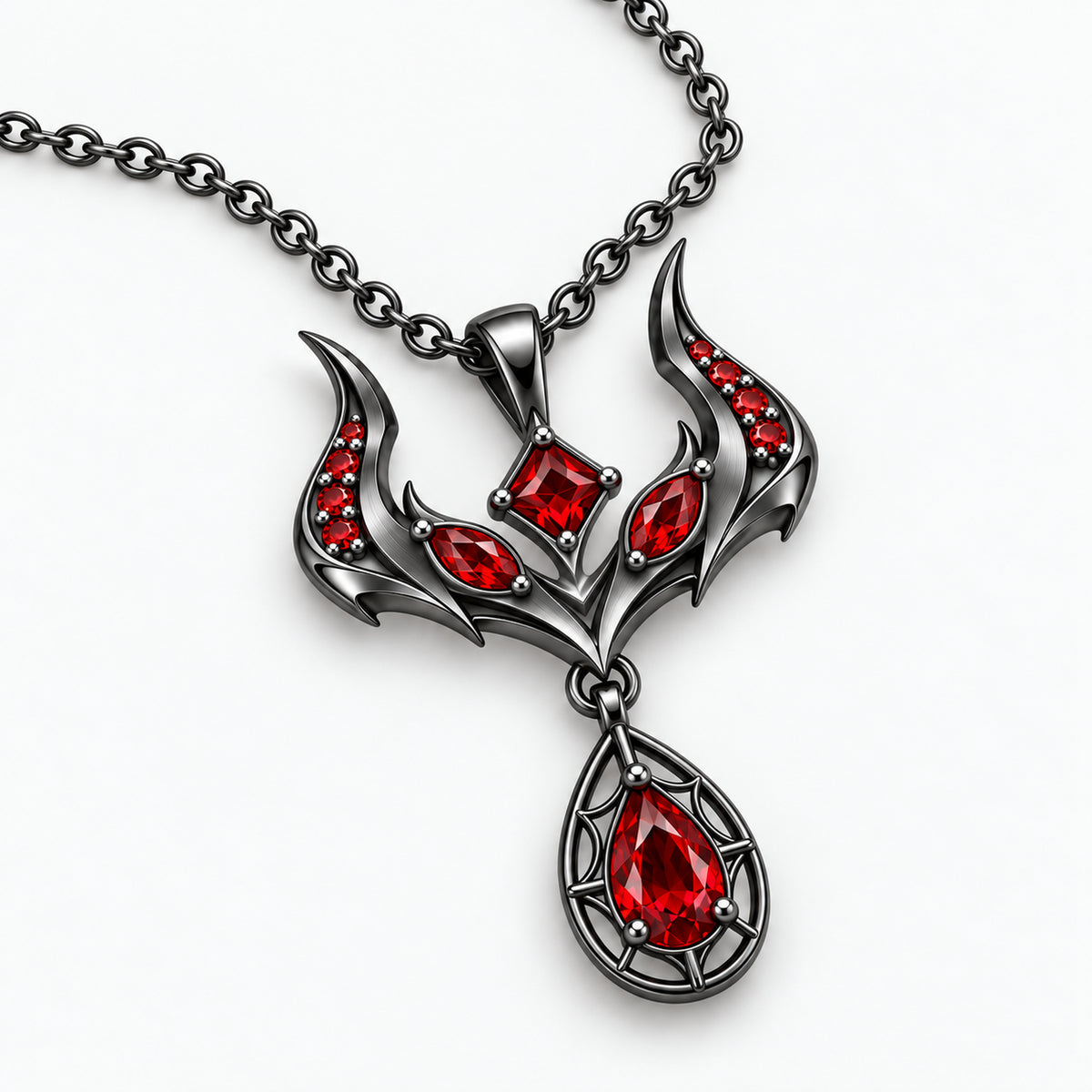 Malevolent Necklace in black color, tabletop view of the crest and pear-shaped drop