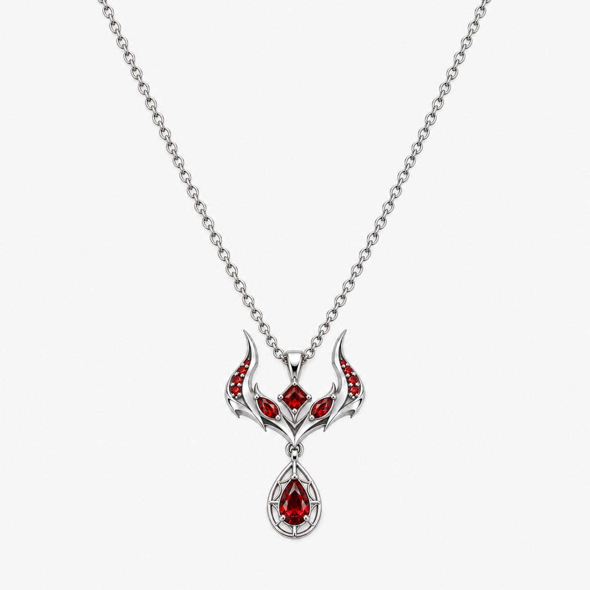 Malevolent Necklace in silver color, front view with horned crest and red cobweb drop
