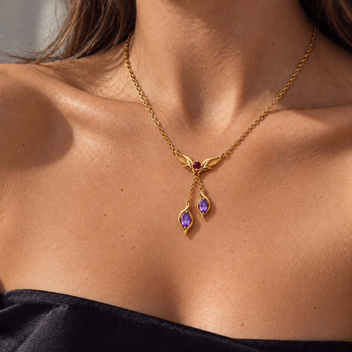 Sunrise Path Necklace in gold, worn