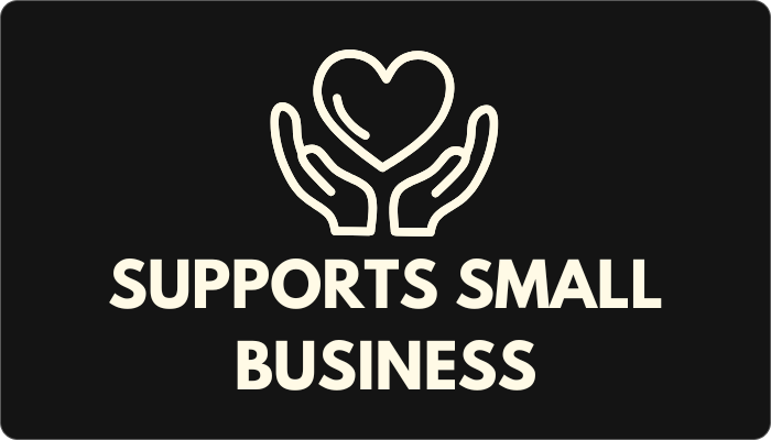 Black card with white hands holding a heart and text 'Supports Small Business' on a black background