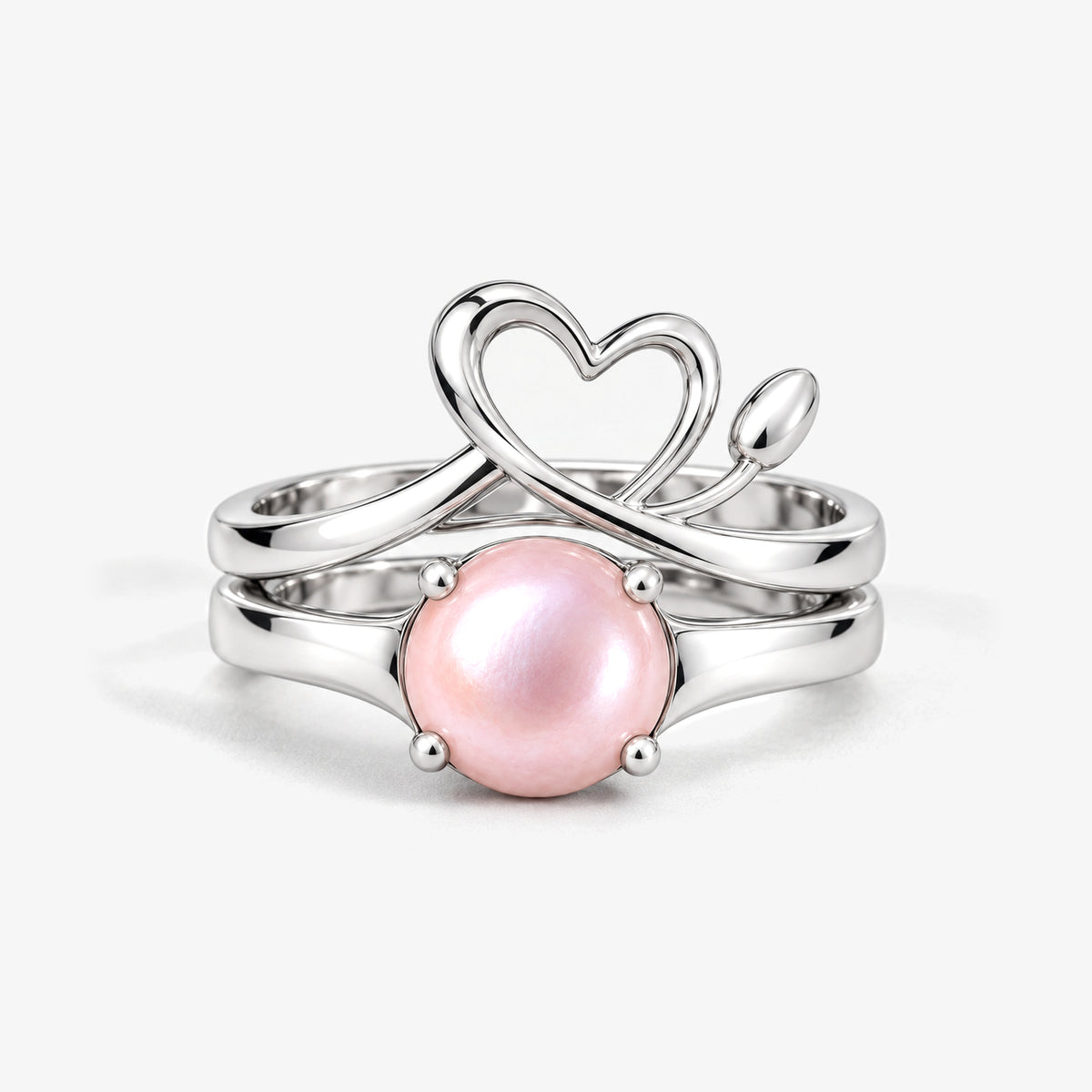 Tail Heart Ring Set in silver, front view
