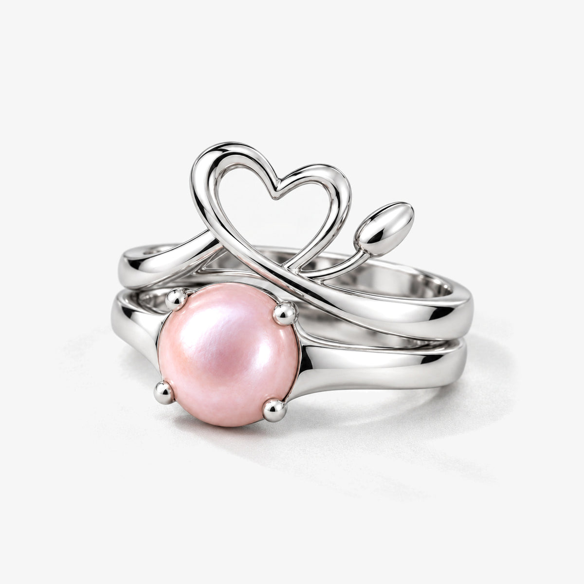 Tail Heart Ring Set in silver, angled view