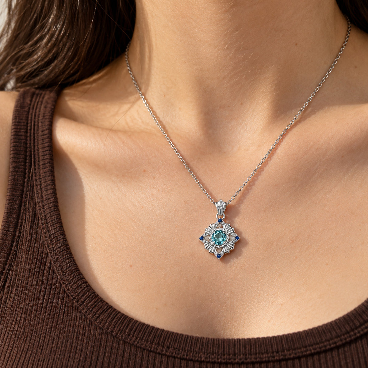 Tide Path Necklace in silver, worn
