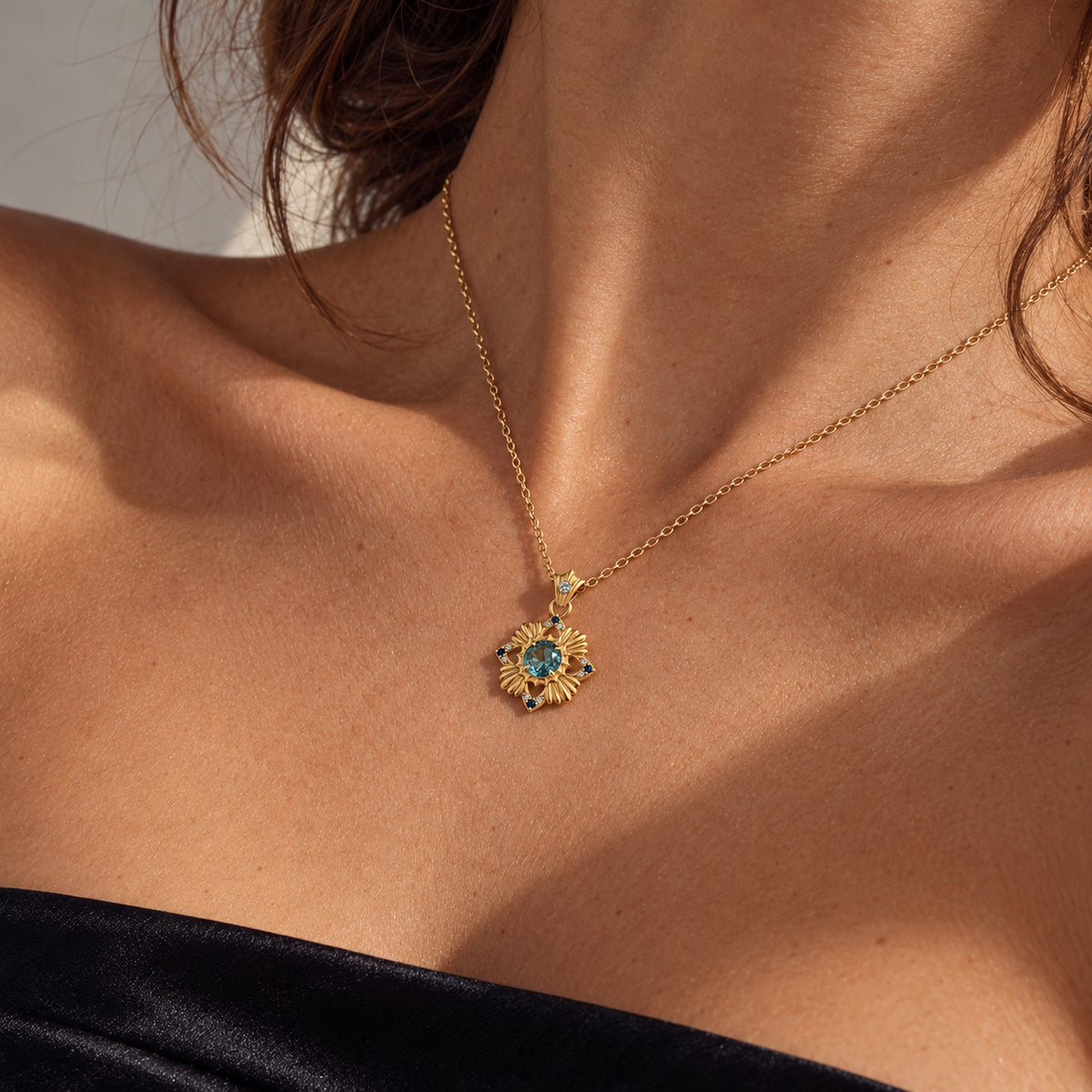 Tide Path Necklace in gold, worn