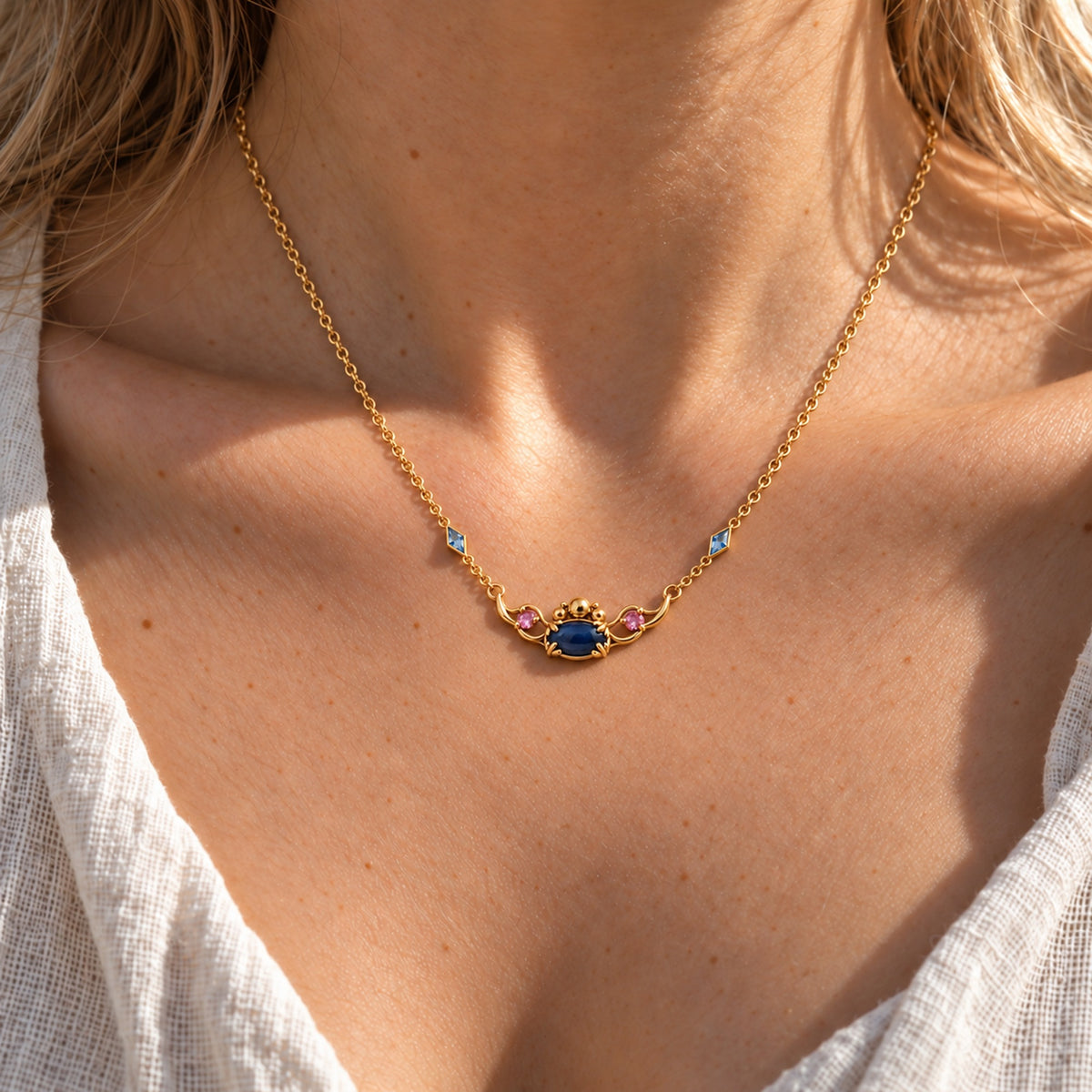 Tongue Scarf Necklace in gold, worn
