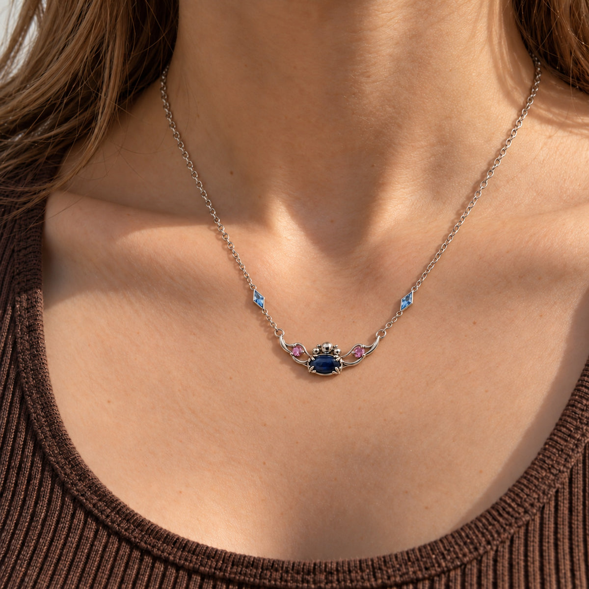 Tongue Scarf Necklace in silver, worn