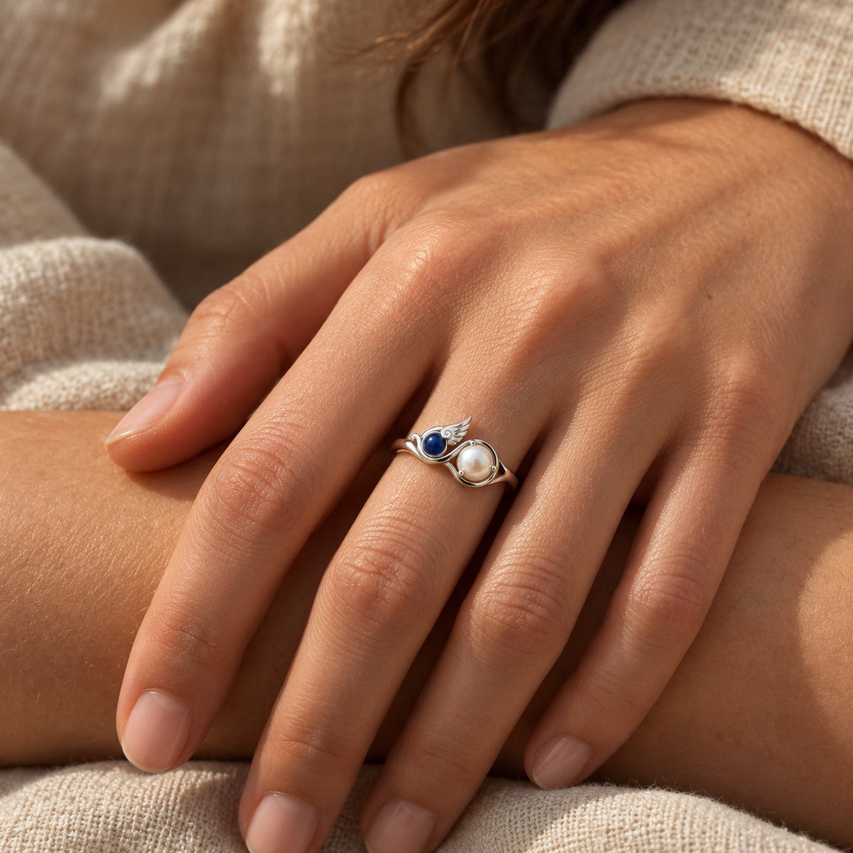 Twin Current Ring in silver, worn