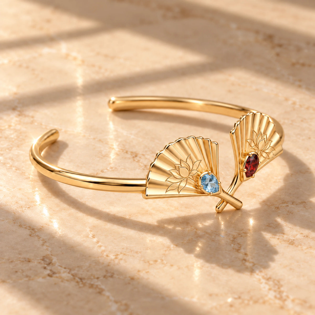 Upper Moon Two Crossed Fans Cuff in gold, left side