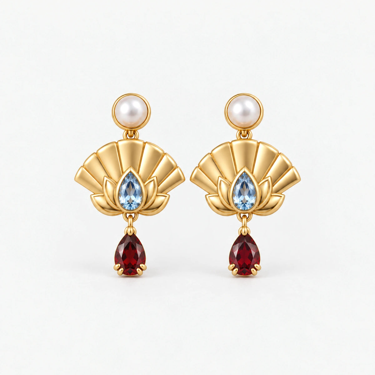 Upper Moon Two Lotus Fan Earrings in gold, front view