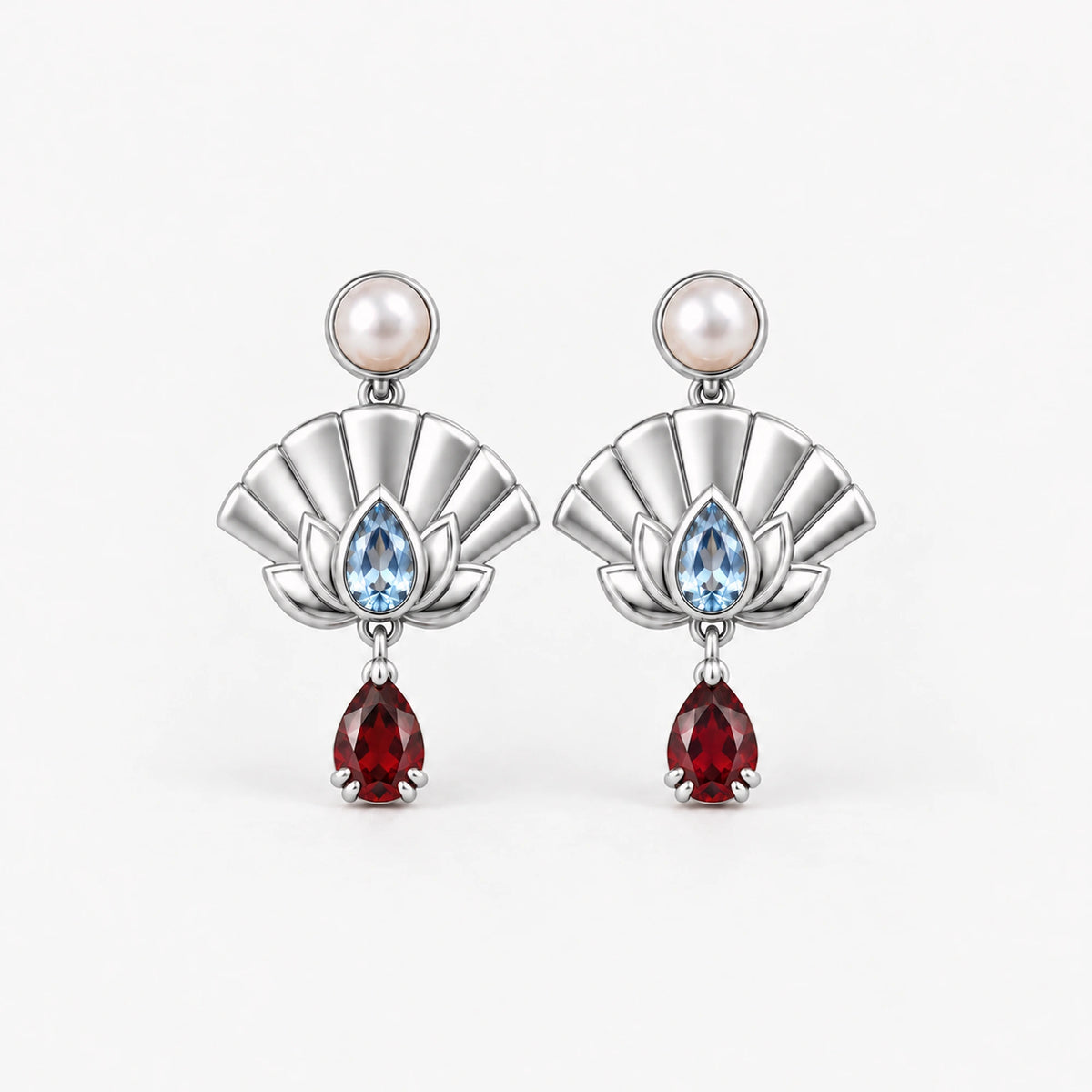Upper Moon Two Lotus Fan Earrings in silver, front view