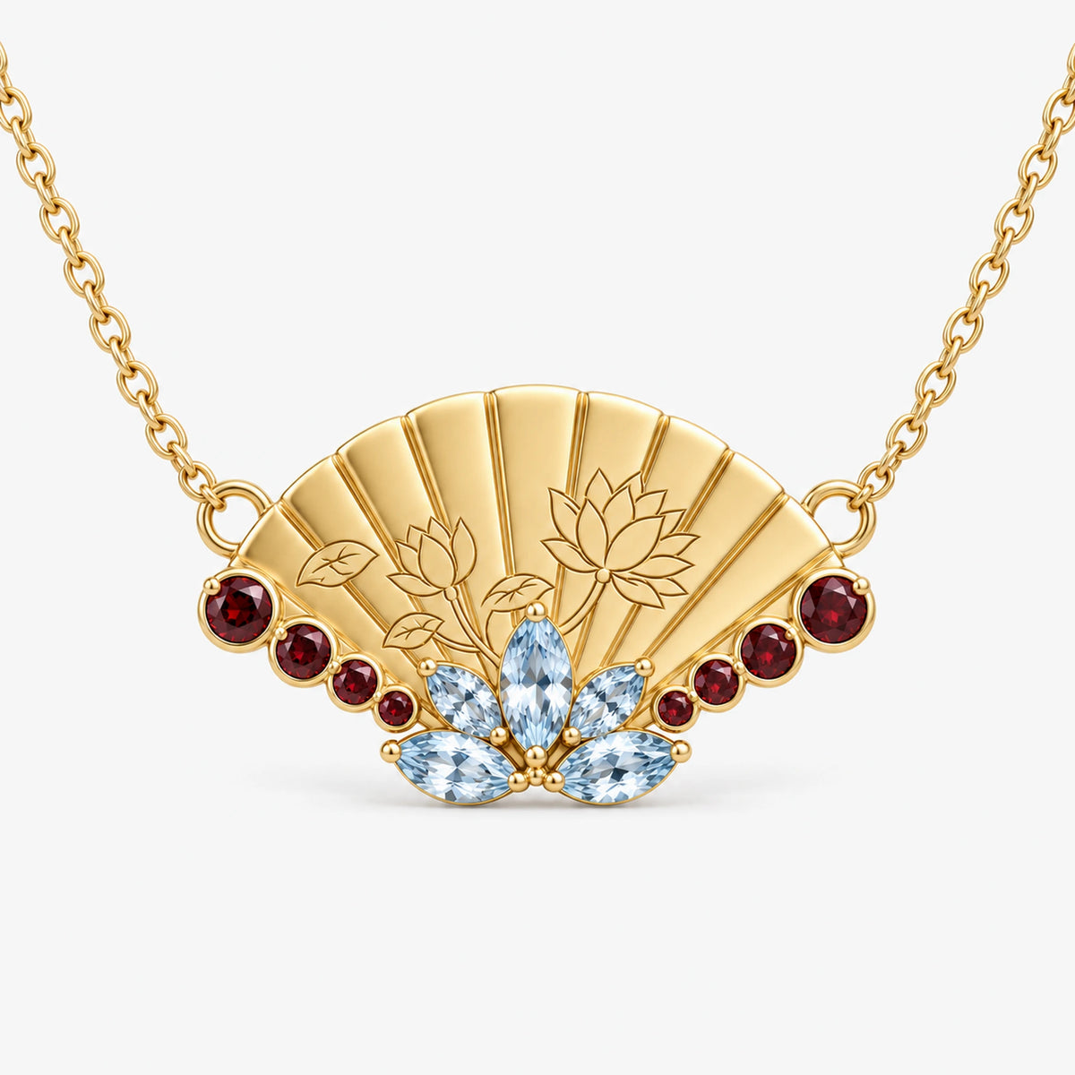 Upper Moon Two Lotus Fan Necklace in gold, front view