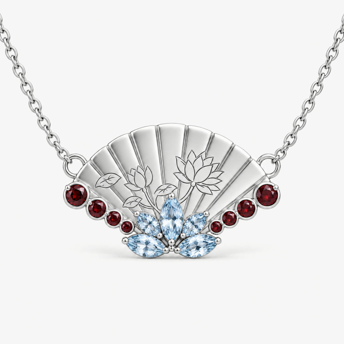 Upper Moon Two Lotus Fan Necklace in silver, front view