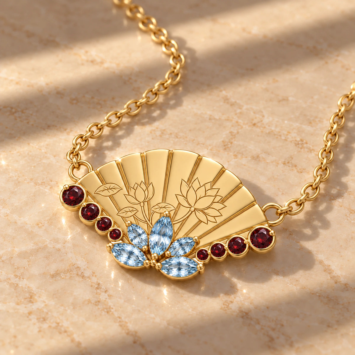 Upper Moon Two Lotus Fan Necklace in gold, angled view on marble