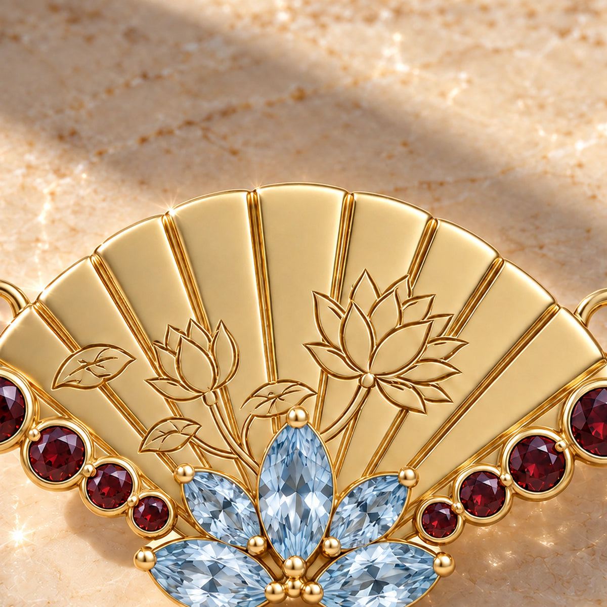 Close-up of the Upper Moon Two Lotus Fan Necklace