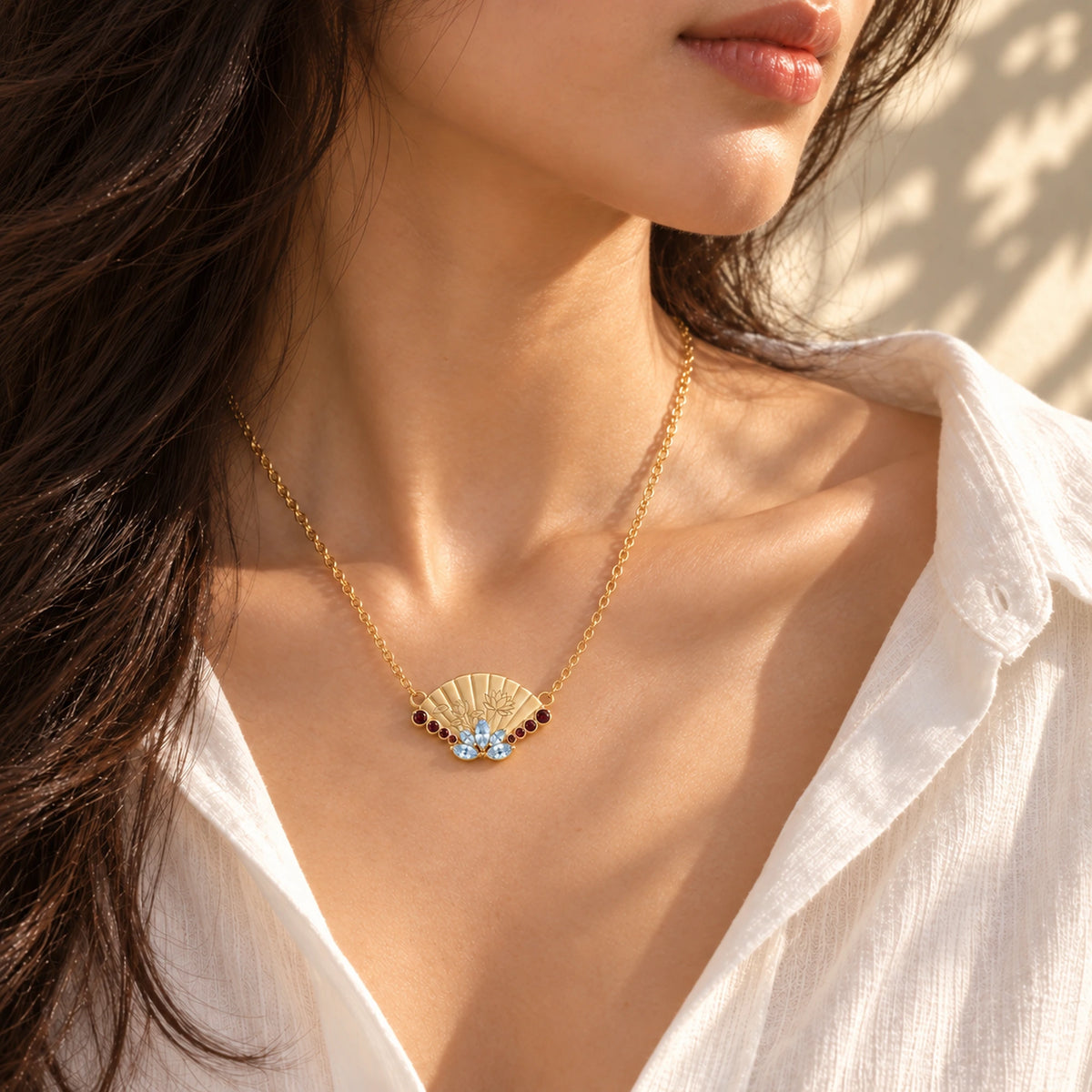 Upper Moon Two Lotus Fan Necklace in gold, worn