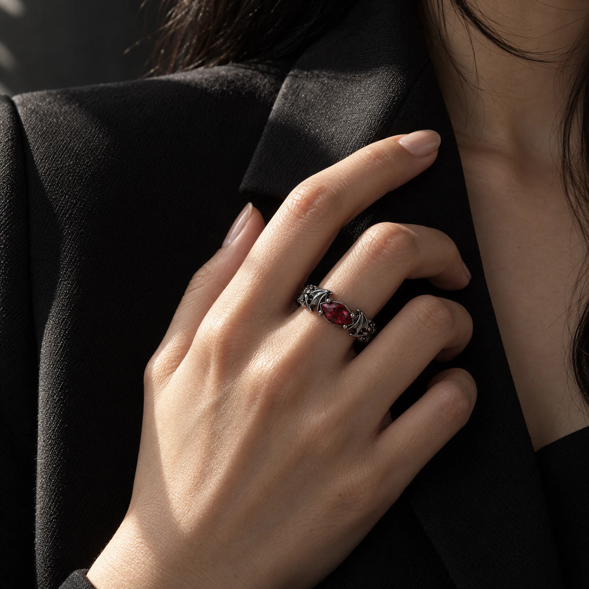 Infinity Castle Ring in Royal Black, worn