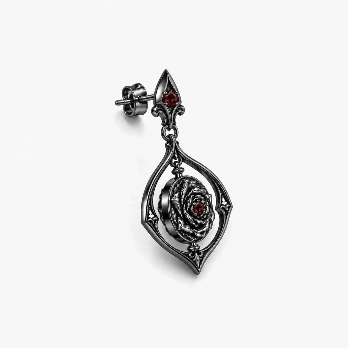 Vanitas Spinner Drop Earrings in Royal Black, disc turned to show it spins