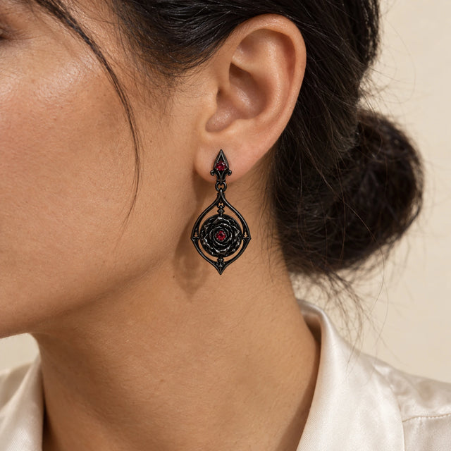 Vanitas Spinner Drop Earrings in Royal Black, worn