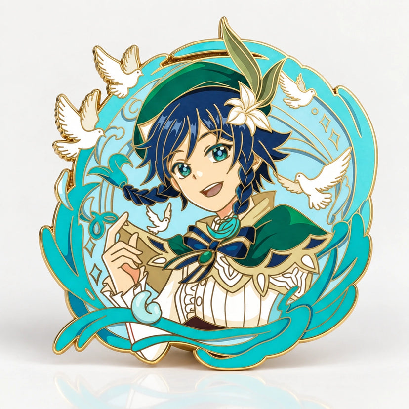 Venti Glow in the Dark Enamel Pin by Kraymer Art, front view on white