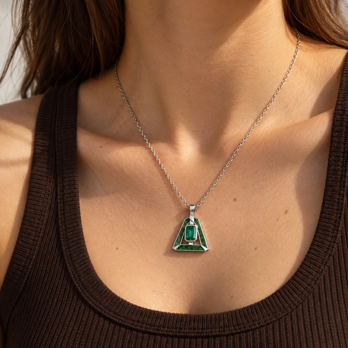 Earth Nation Jade Fold Necklace in silver, worn