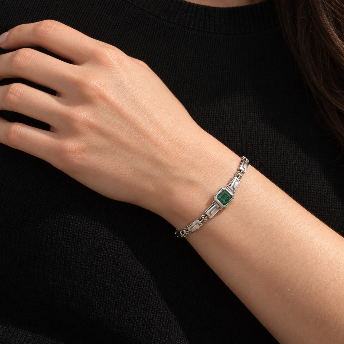 Earth Nation Link Bracelet in silver, worn