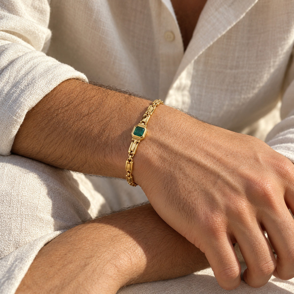 Earth Nation Link Bracelet in gold, worn on a man